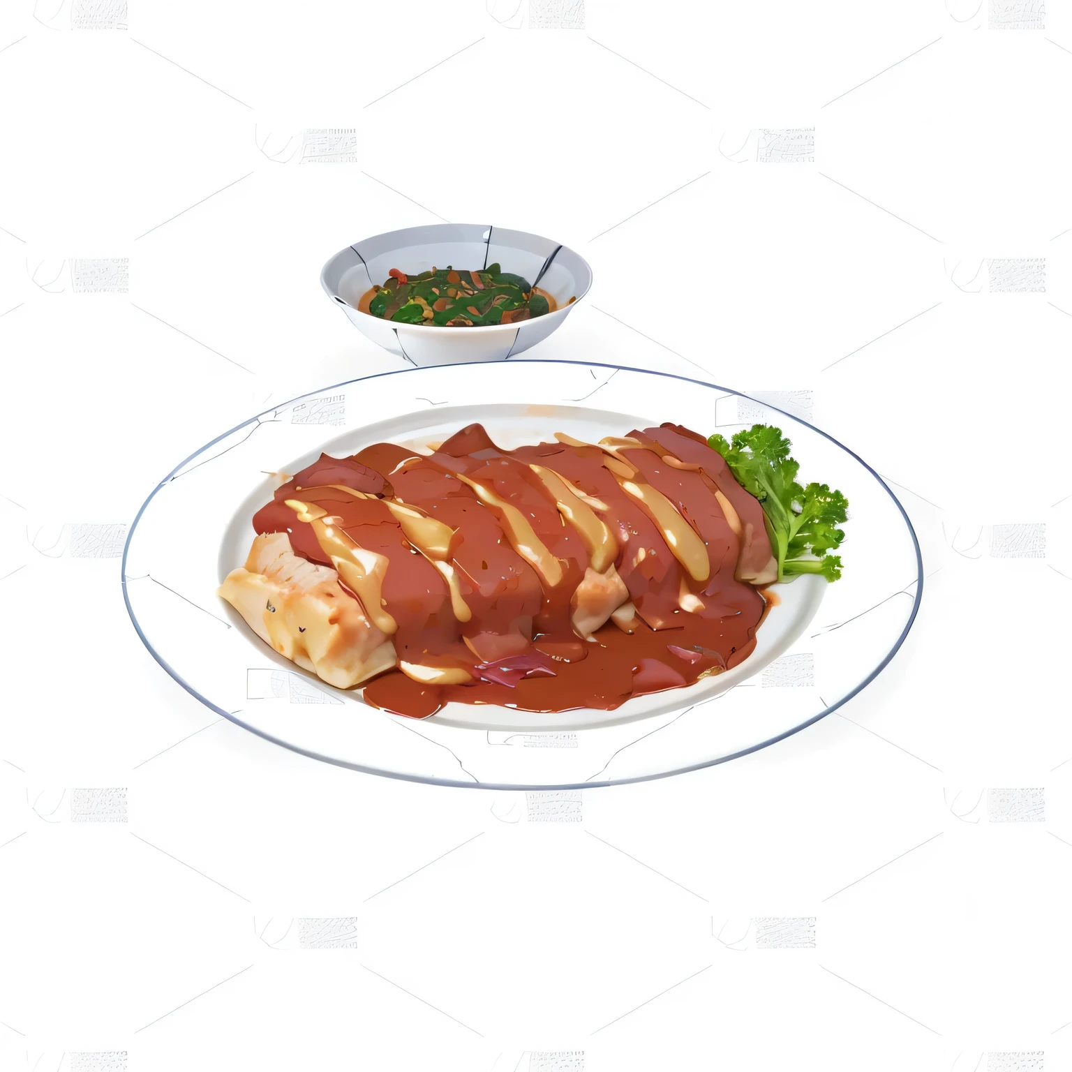 A plate with meat and sauce, pork, serve on a plate, Hyper-realistic food pictures, HD illustrations, A beautiful artistic illustration, Offer a plate of food, Amazing food illustrations, made in illustrator, Illustration of a duck, delicious food, Realistic illustration, Dinner is ready, chicken, Matte digital illustration, grilled chicken, photoRealistic illustration