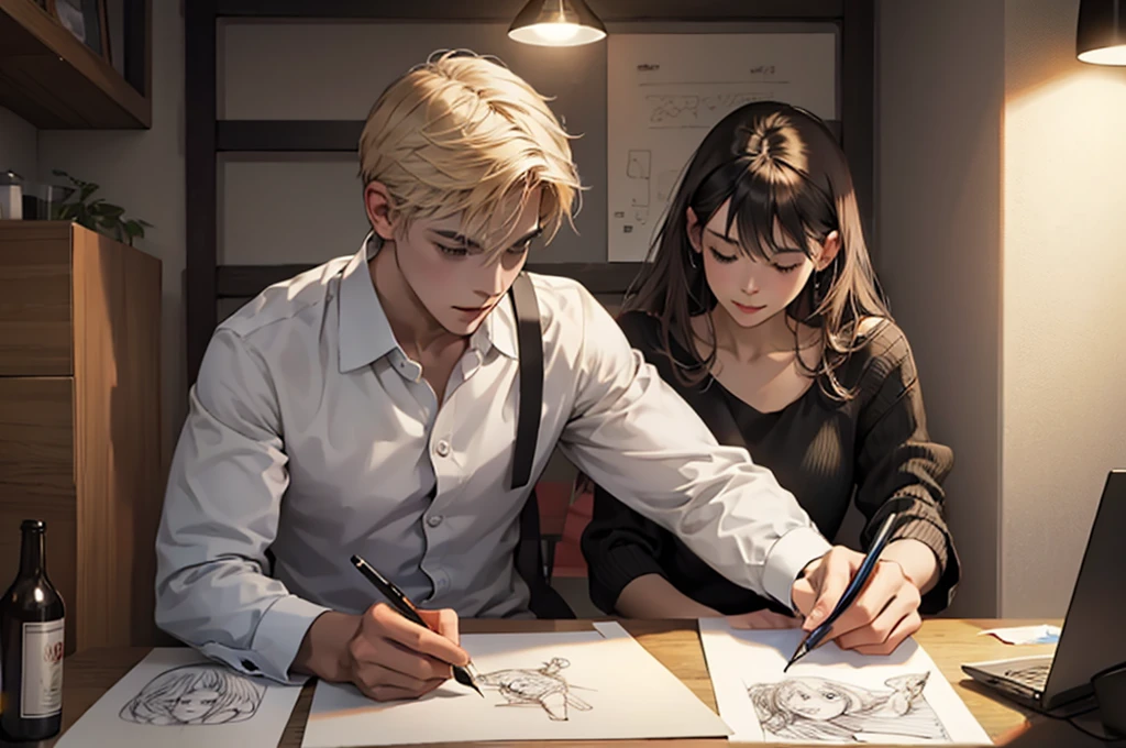 A drawing artist is drawing a photo of a couple. It is evening.