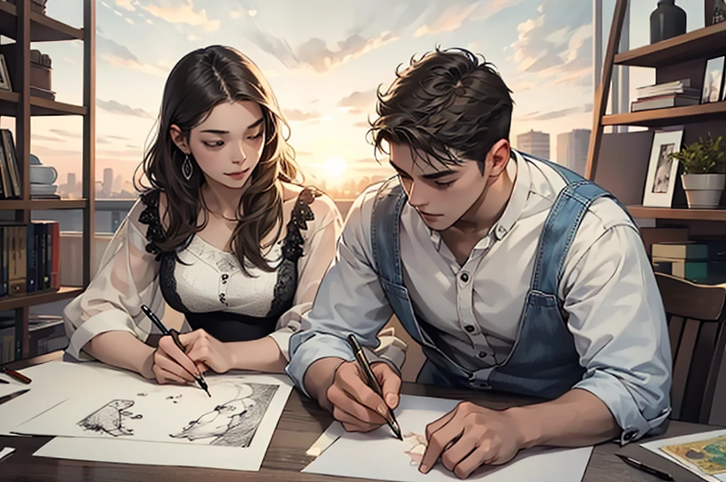 A drawing artist is drawing a photo of a couple. It is evening.