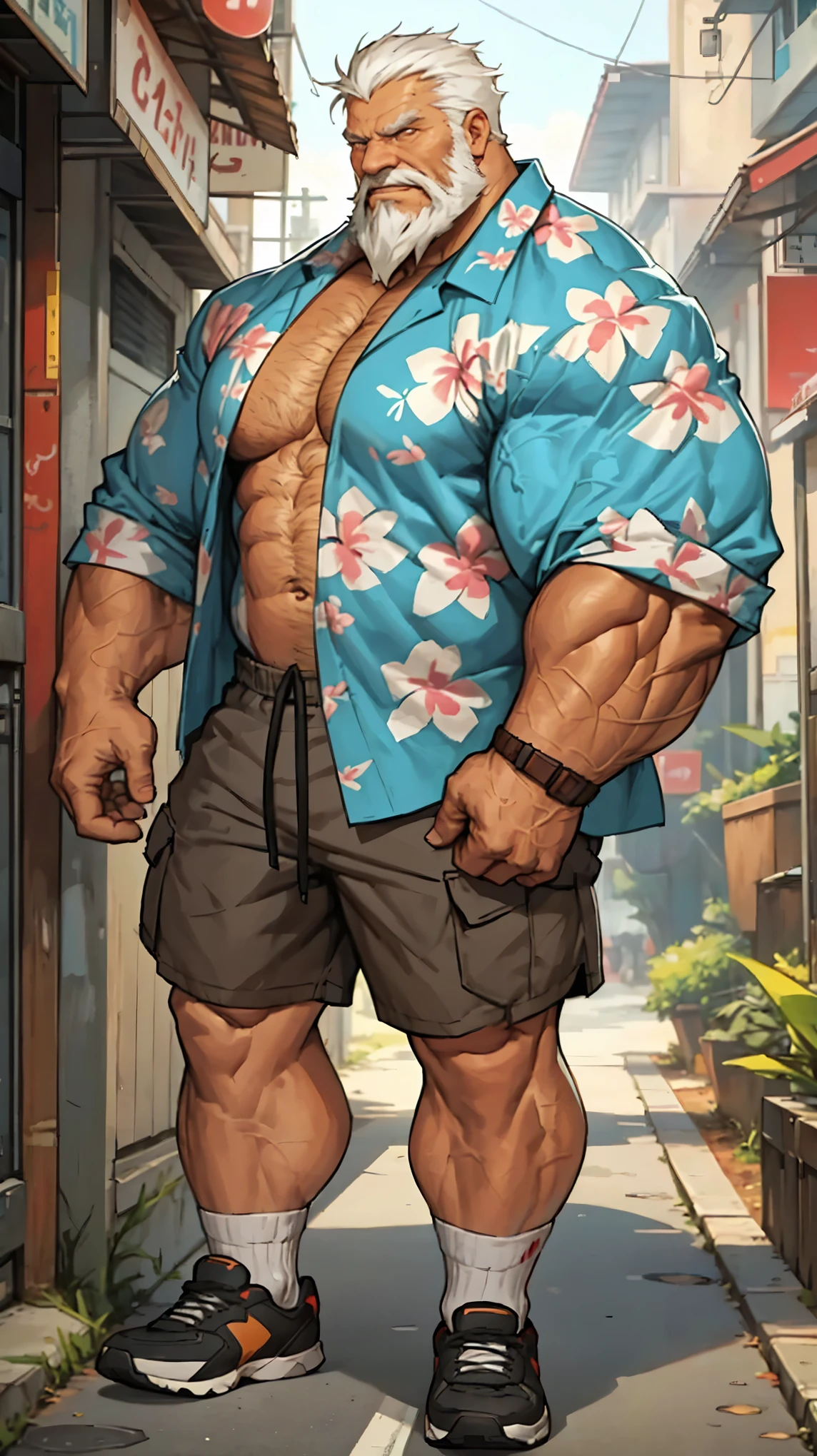 Solo, 1man, 1boy, old man in street city, old man, thick arm, huge arm, bearded. white hair and beard, bearded, muscular, pectoral, wide pectoral, realistic, 8k, masterpiece, (wearing shorts and wearing Hawaiian shirt, shoes)