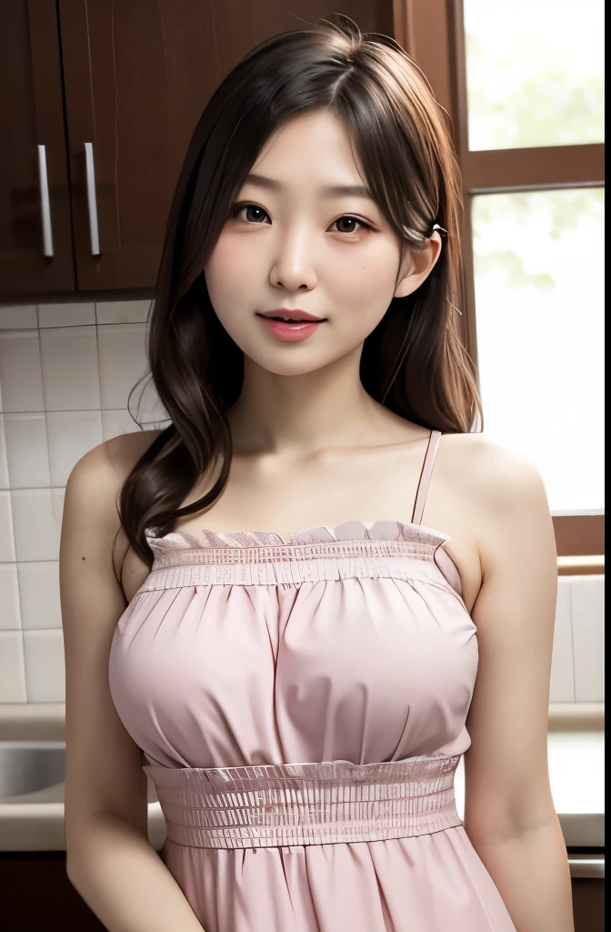 Beautiful, daughter-in-law, japanese, small firm breasts, smocked dress, in the kitchen, seductive expression, Netorare