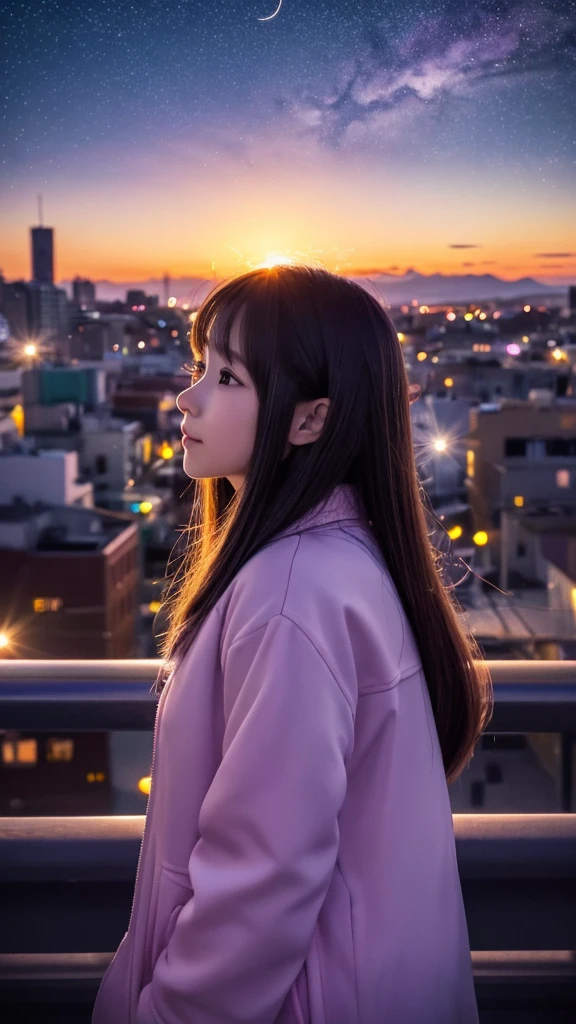 In a city where the sun is about to set, many stars and one shooting star are twinkling in the night sky.。The light of the waiting makes the sky purple-pink、Profile of a cute 20-year-old girl from above looking at the sky。anime