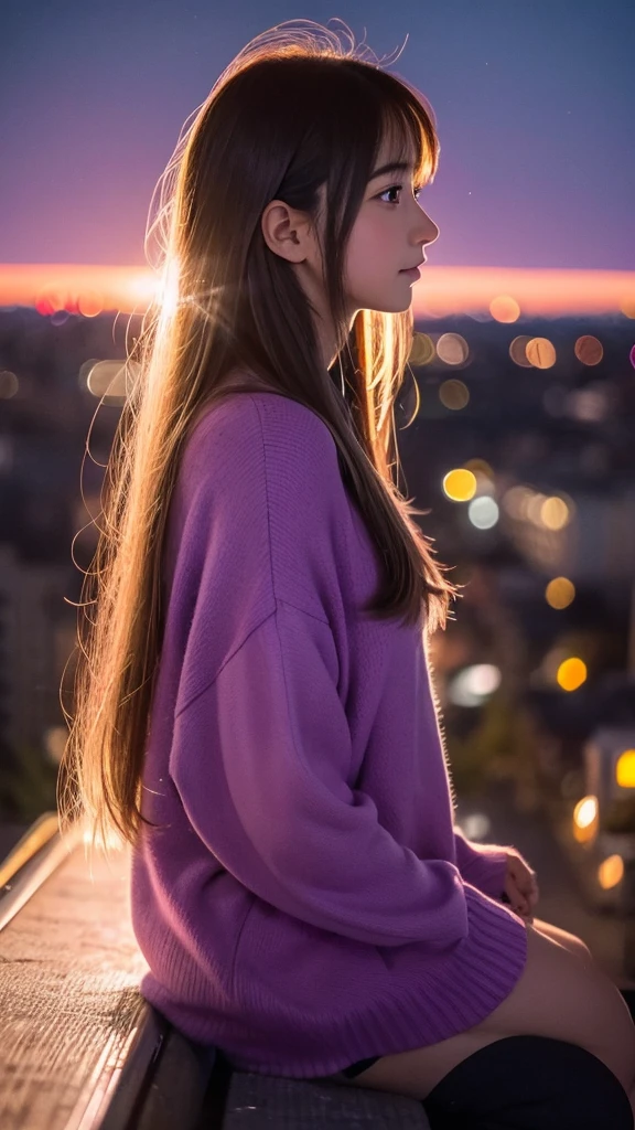 In a city where the sun is about to set, many stars and one shooting star are twinkling in the night sky.。The light of the waiting makes the sky purple-pink、Profile of a cute 20-year-old girl from above looking at the sky。anime