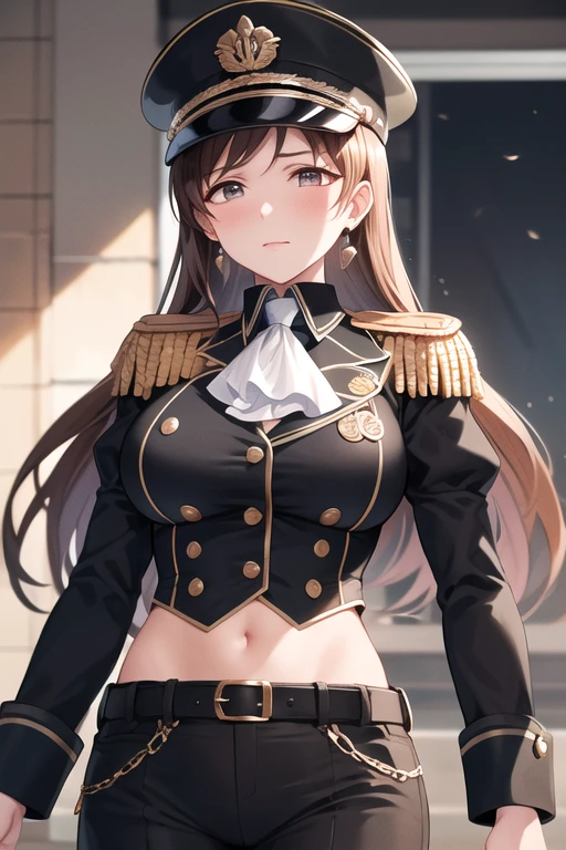 masterpiece, best quality, highres, aanitta, long hair, (black peaked cap), earrings, big breasts, muscular body, military uniform, epaulettes, badges, (black shirt:1.2), bulletproof vest, (white ascot), black sleeves, long sleeves, (black pants), belt, cargo pants, idolmaster, cowboy shot, standing, indoors, against wall, (angry facial expression), facing the viewer, looking at the viewer