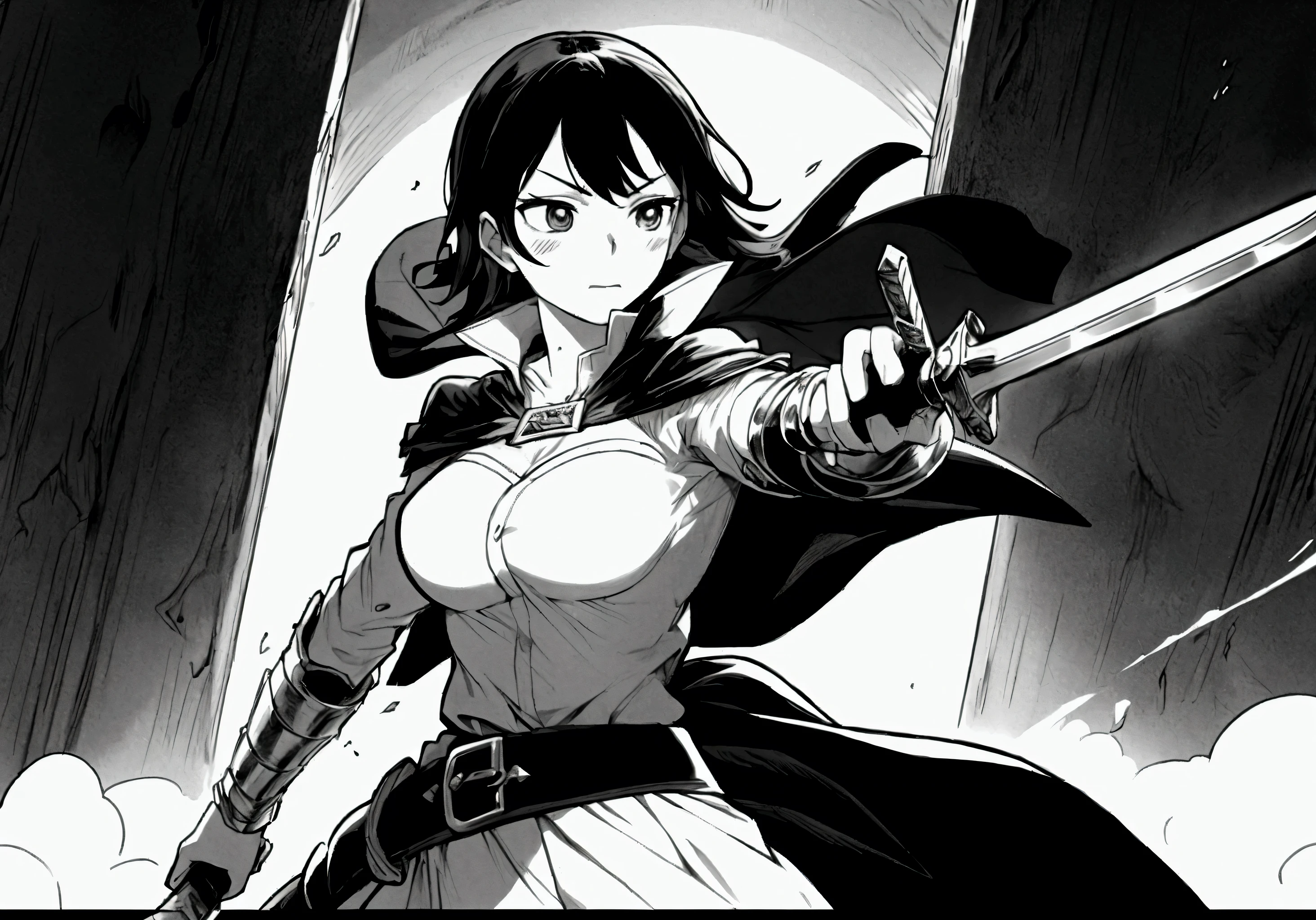 Women with cape, wearing belt around waist, with sword collapsed on ground, looking right side, black and white manga image 