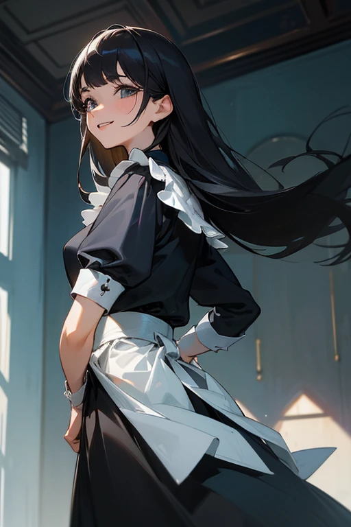 (Highest Resolution, clear_image) Highest quality, single, One Woman, alone, masterpiece, Very detailed, Semi-realistic, Black Hairのショートヘア, Black Hair, bangs, 18-year-old, mature, light blue uniform, uniform, Indoor Background, kind, Authoritative, Powerful, exquisite features, exquisite features、Eyelashes become longer、Showing teeth、smile😀、Maid clothes、reference、Put your hands on your hippie skirt、Upward glance、Boom in the ass、