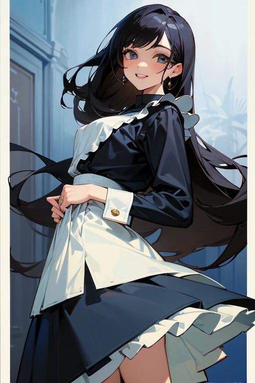 (Highest Resolution, clear_image) Highest quality, single, One Woman, alone, masterpiece, Very detailed, Semi-realistic, Black Hairのショートヘア, Black Hair, bangs, 18-year-old, mature, light blue uniform, uniform, Indoor Background, kind, Authoritative, Powerful, exquisite features, exquisite features、Eyelashes become longer、Showing teeth、smile😀、Maid clothes、reference、Put your hands on your hippie skirt、Upward glance、Boom in the ass、