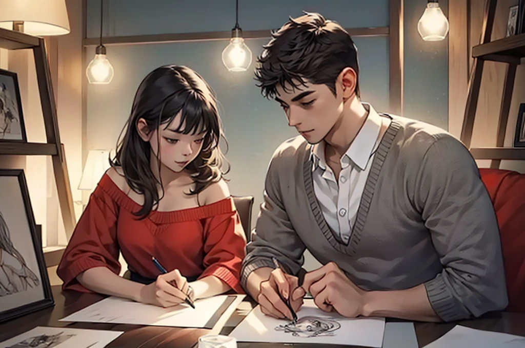 A drawing artist is drawing a photo of a couple. It is evening.
