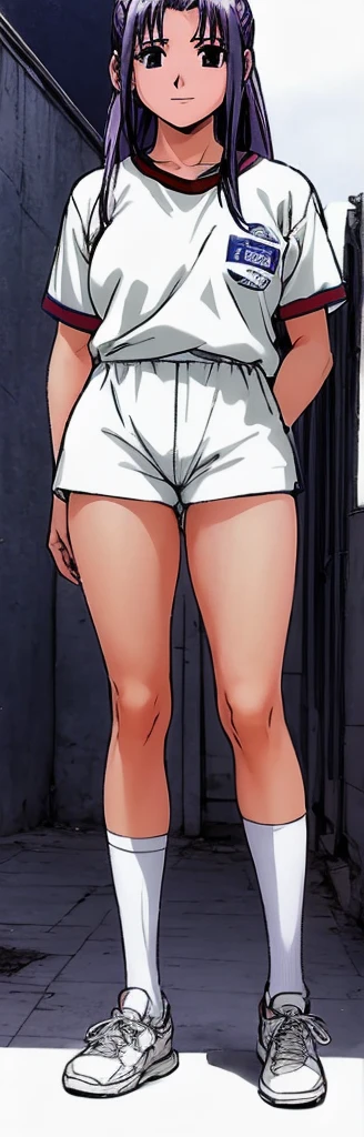 Momoko Koigakubo, a tall girl with beautiful legs, is standing with a smile on her face in a white gym uniform and light navy blue bloomers that look like panties.。