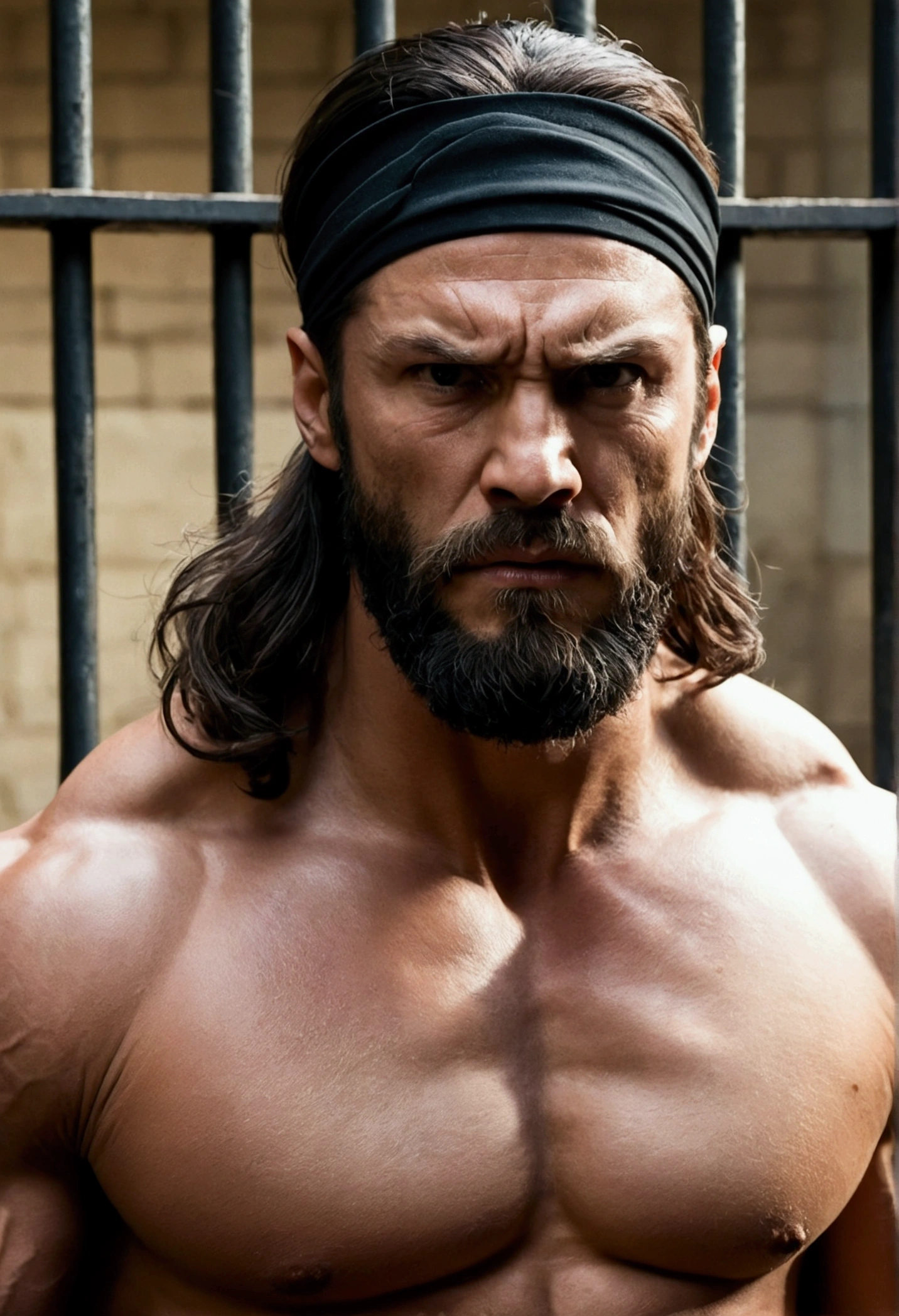 a muscular man who looks like Daniel Stisen wearing a black headband, rather long hair, beard, is standing angry, prison background