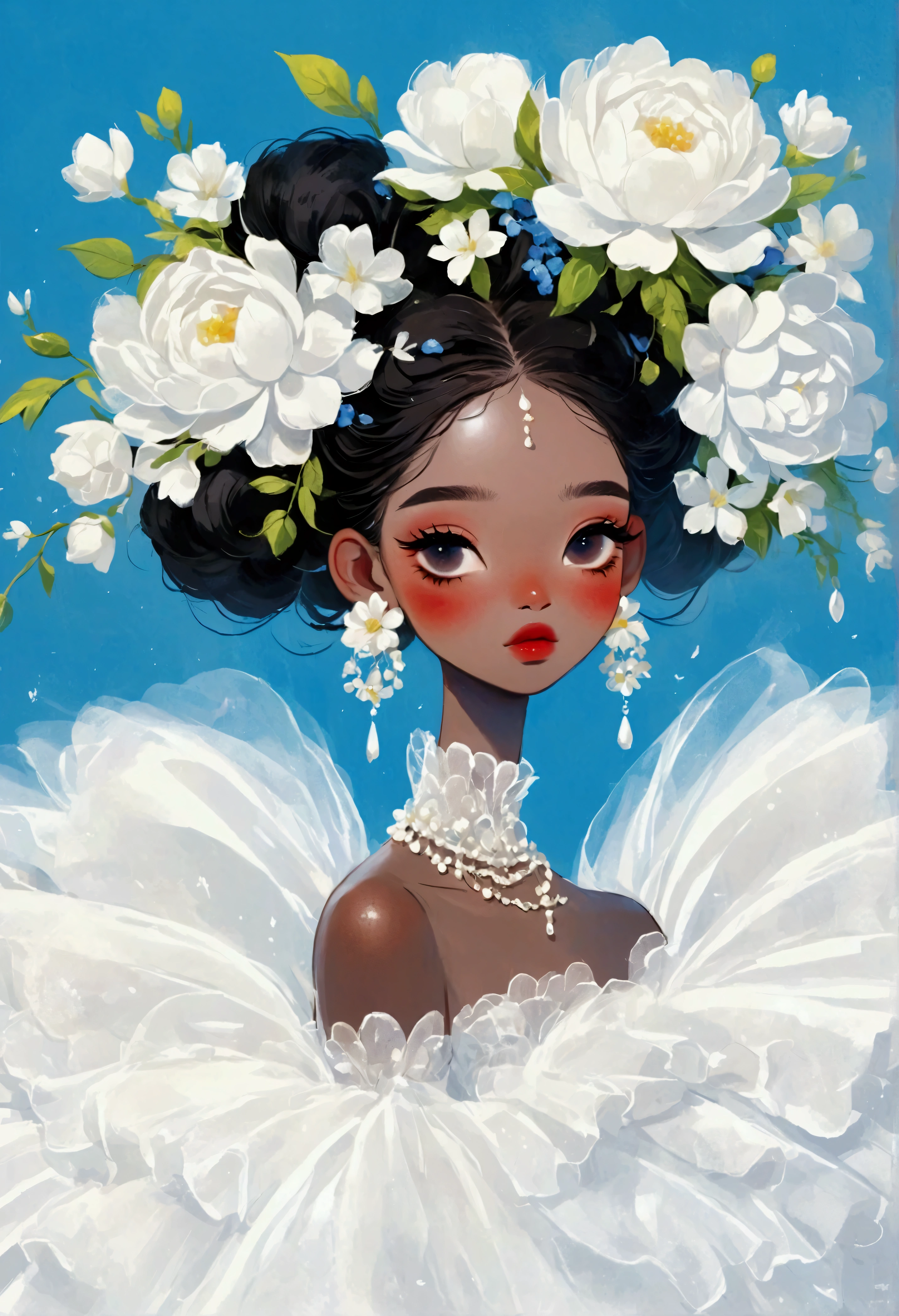 illustration：1 beautiful girl，Dark Skin，Flower Earrings，Flower headdress，White exaggerated dress，Exaggerated sleeves，Fluffy white tulle，Blue Background