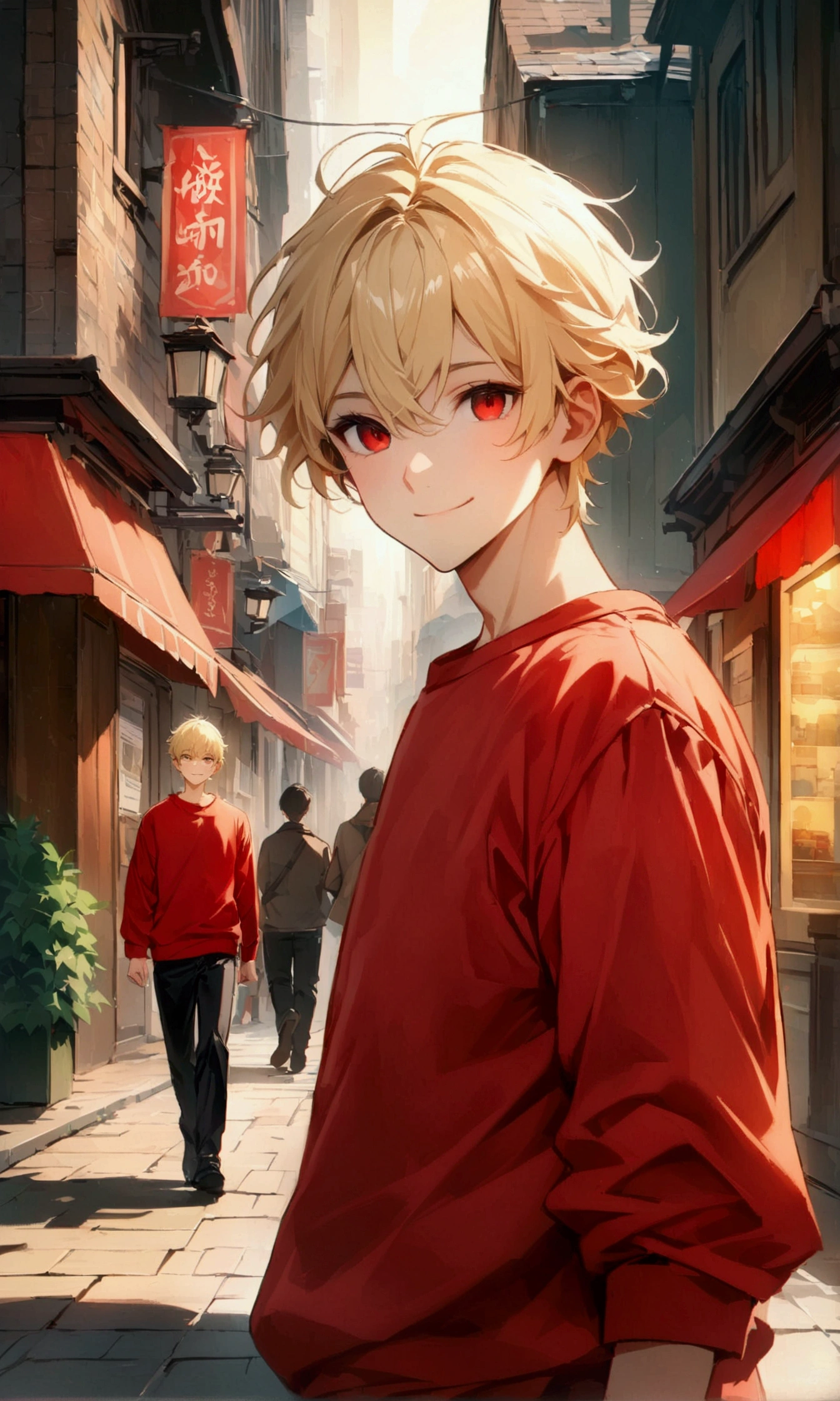 (top quality picture, ultra HD, 8k image) 1 young boy, with short blonde hair, The red eyes, with a Machiavellian smile, wearing red sweatshirt, walking in the city