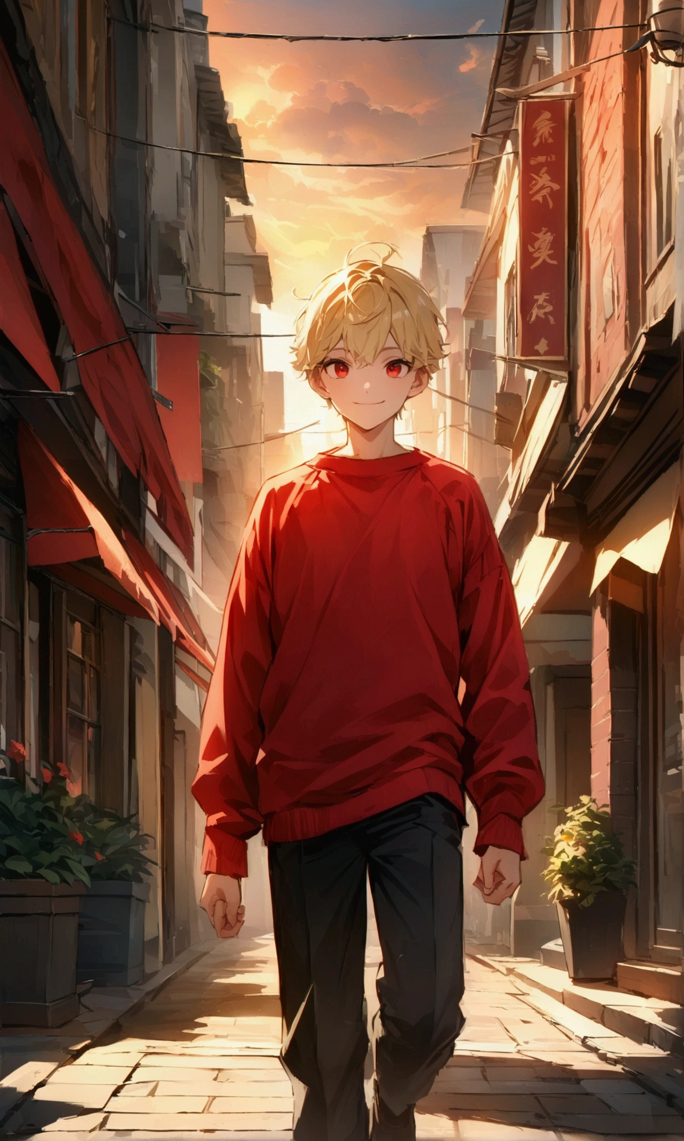 (top quality picture, ultra HD, 8k image) ung boy, with short blonde hair, The red eyes, with a Machiavellian smile, wearing red sweatshirt, walking in the city