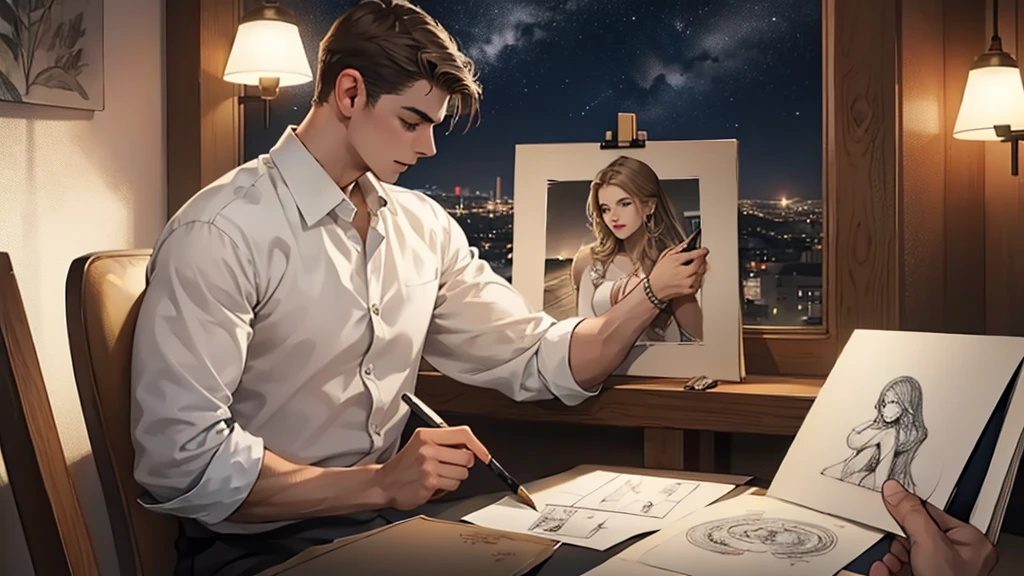 A drawing artist is drawing a photo of a couple. It is evening.