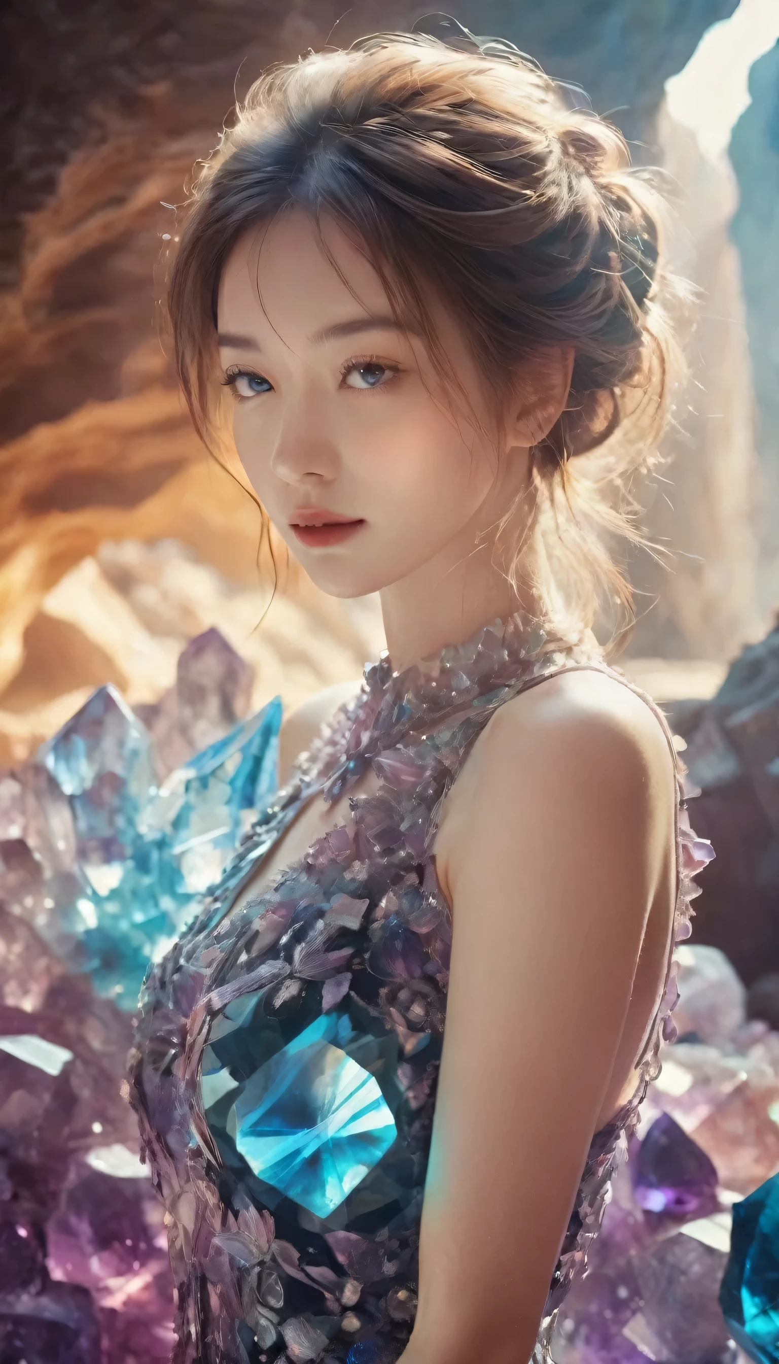 A beautiful woman，Half-length photo，Wearing clothes made of crystal，Surround yourself with magical cave walls made of mineral crystals，covered with precious crystals, Crystal Cluster，underground, exploration, Stibnite crystals，Glowing crystal, fluorite crystal,Related mineral crystals , Mysterious atmosphere, Shiny crystal, Natural Crystal, sparkling reflections, underground湖, Hidden treasure, mineral structure，(Best quality，Extremely detailed，Best Illustration Award，The best shadow，masterpiece，high resolution，），Surrealism，(Multiple Exposure:1.5)