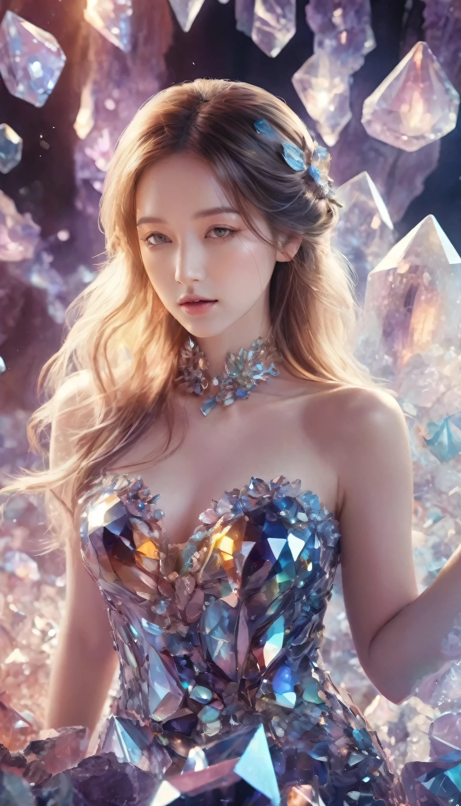 A beautiful woman，Half-length photo，Wearing clothes made of crystal，Surround yourself with magical cave walls made of mineral crystals，covered with precious crystals, Crystal Cluster，underground, exploration, Stibnite crystals，Glowing crystal, fluorite crystal,Related mineral crystals , Mysterious atmosphere, Shiny crystal, Natural Crystal, sparkling reflections, underground湖, Hidden treasure, mineral structure，(Best quality，Extremely detailed，Best Illustration Award，The best shadow，masterpiece，high resolution，），Surrealism，(Multiple Exposure:1.5)