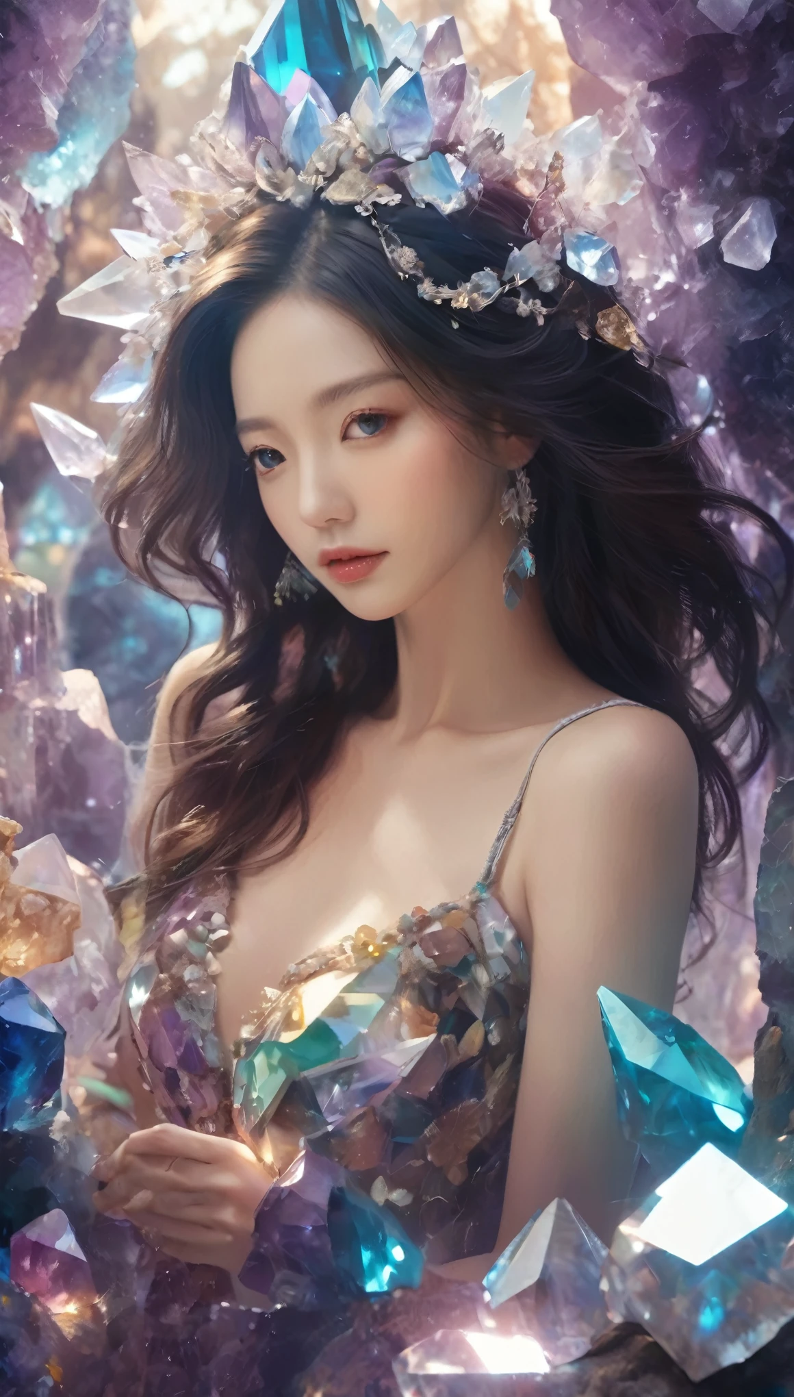 A beautiful woman，Half-length photo，Wearing clothes made of crystal，Surround yourself with magical cave walls made of mineral crystals，covered with precious crystals, Crystal Cluster，underground, exploration, Stibnite crystals，Glowing crystal, fluorite crystal,Related mineral crystals , Mysterious atmosphere, Shiny crystal, Natural Crystal, sparkling reflections, underground湖, Hidden treasure, mineral structure，(Best quality，Extremely detailed，Best Illustration Award，The best shadow，masterpiece，high resolution，），Surrealism，(Multiple Exposure:1.5)