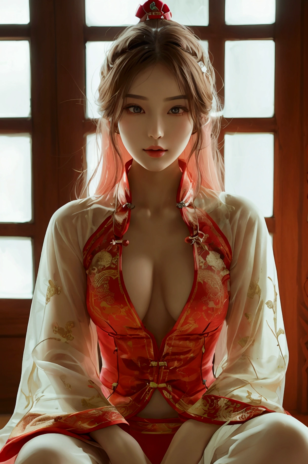 Create an image of a beautiful woman wearing sexy traditional Chinese pajamas. She has a slender face, sharp eyes, long hair, an angled face, a high nose, thin lips, a chest size of 32 inches, a waist size of 24 inches, hips size 33 inches, her skin is bright and white. she has brown hair She has pink nipples Her body was slim and muscular like an athlete. And she was sitting with her legs spread open showing her very attractive genitals.
