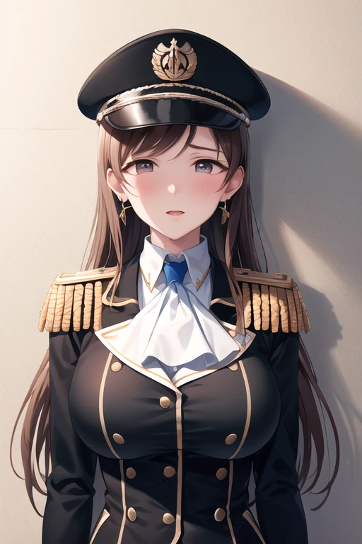 masterpiece, best quality, highres, aanitta, long hair, (black peaked cap), earrings, big breasts, muscular body, military uniform, epaulettes, badges, (black shirt:1.2), bulletproof vest, (white ascot), black sleeves, long sleeves, idolmaster, close-up, standing, indoors, against wall, (shocked facial expression), shocked eyes, sweat, facing the viewer, looking at the viewer