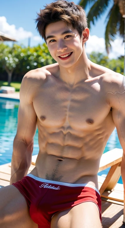 best quality, Ultra high resolution, (realistic:1.4), Masterpiece, blurred background ,muscle, alone, 1 boy, young man , 18 years old, white skin, shirtless,wearing a red bikini, condescending, Focus on the whole body, smile, shut your mouth,