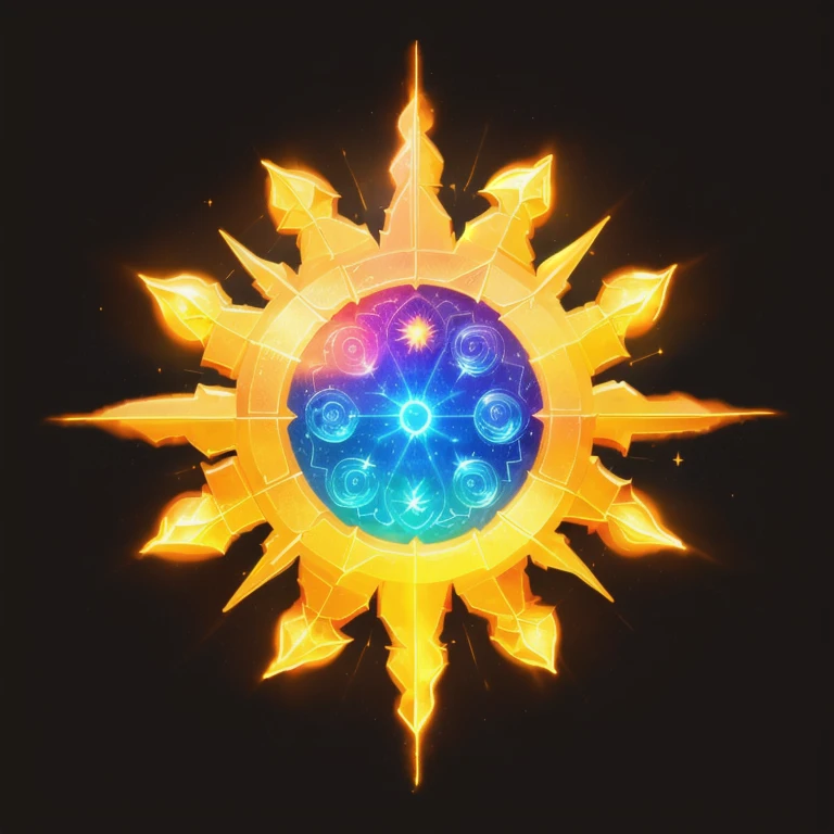 a huge glowing prismatic sun, a golden sun, fantasy game spell symbols, stylized game icons, 3d mobile game icons, game icon assets, a very sunny and hot weather, detailed and hazy sunlight and mysterious, fantasy game spell icons, the sun in the cosmic background, World of Warcraft spell icons