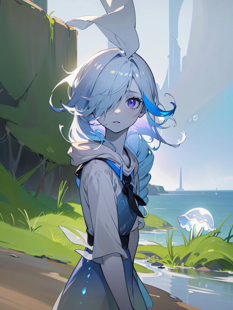 score_9,score_8_up,score_7_up,score_9,score_8_up,score_7_up,score_6_up,score_5_up,score_4_up, (source_anime), 1girl, solo, BREAK
(petite:1.3), cute, (hair over one eye:1.5), bioluminescence, jellyfish girl, (colored skin, pale skin, grey skin:1.3), white hair, (blue gradient hair:1.5), multicolored hair, long hair, curly hair, purple eyes, spiral-shaped pupils, from above, BREAK
jellyfish-like transparent dress, jellyfish-like white sun hat, underwater, timid, leaning forward, light smile, BREAK
(masterpiece:1.2), (best quality:1.2), (very aesthetic:1.2), (absurdres:1.2), (detailed background)