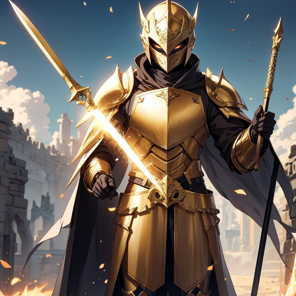 anime style, knight standing near the gate, his armor is golden, and the cloak is white. In his right hand he has a halberd. Face covered with helmet