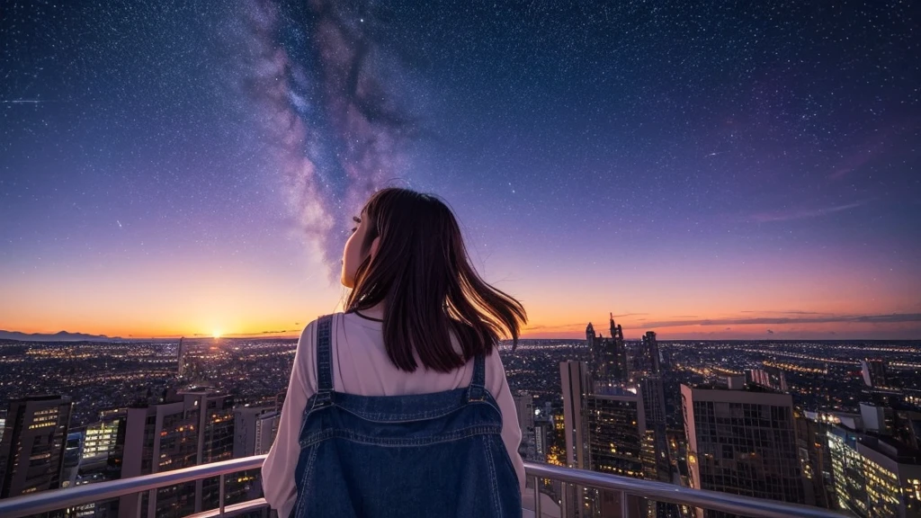 In a city where the sun is about to set, many stars and one shooting star are twinkling in the night sky.。The light of the waiting makes the sky purple-pink、A cute 20-year-old girl is looking at the sky。Profile from the shoulders up and the vast sky。View angle from below。