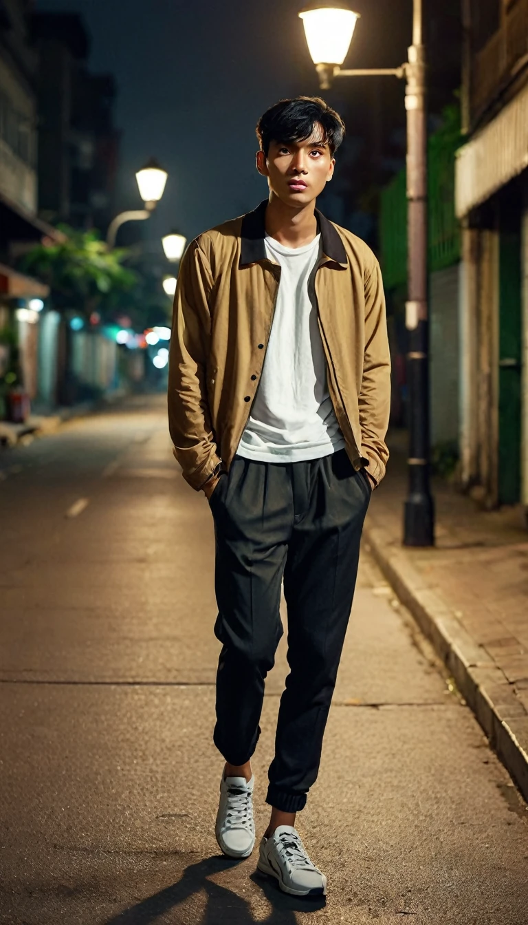 Ahmad is a 25 year old Indonesian man with short black hair, wearing a white t-shirt, brown jacket, black trousers, sports shoes and has a handsome face. Ahmad walks alone on a deserted city sidewalk at night under a street lamp, creating a melancholy atmosphere, with a tired but determined facial expression. Indonesian model, realistic, cinematic, vibrant, detailed, wide view, full body.