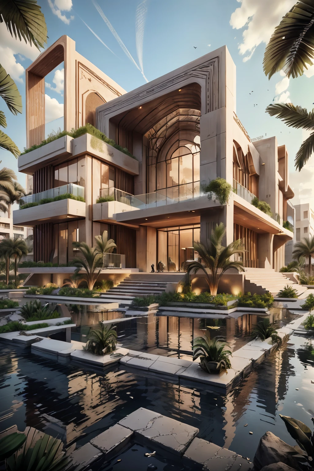 Exterior Design of a Futuristic Iraqi Heritage Building:
The building stands majestically, a testament to Iraq's aspirations towards a brilliant future, seamlessly blending modern architecture with ancient heritage. Its facade is a breathtaking spectacle of intricate geometric patterns and vibrant colors, reminiscent of Iraq's rich history and culture. The grand entrance is adorned with a massive archway, an homage to the ancient Babylonian architecture, crafted with precision and elegance.
The building's glass exterior reflects the lively cityscape, while its interwoven steel structure hints at the forward-thinking and industrious spirit of the nation. The