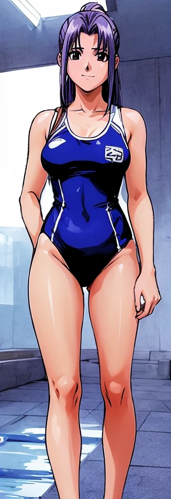 Momoko Koigakubo, a tall woman with beautiful legs, is standing by an indoor pool in a bright blue high-cut competitive swimsuit with the word arena and a logo.。A middle-aged man is standing in the distance, pointing his camera lens at Momoko Koigakubo.。