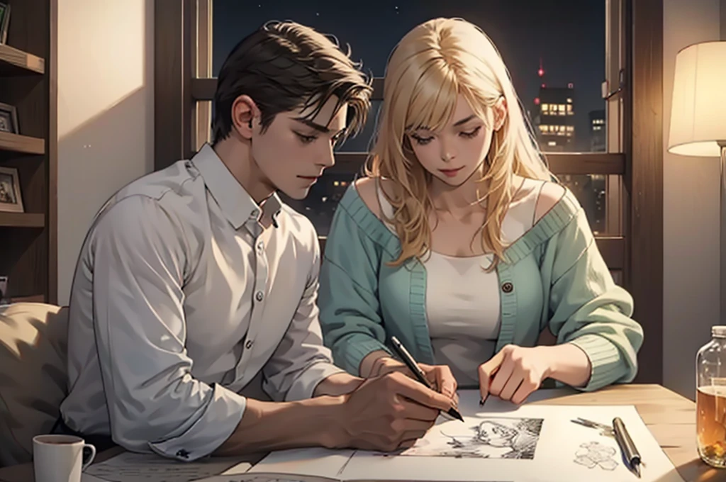 A drawing artist is drawing a photo of a couple. It is evening.