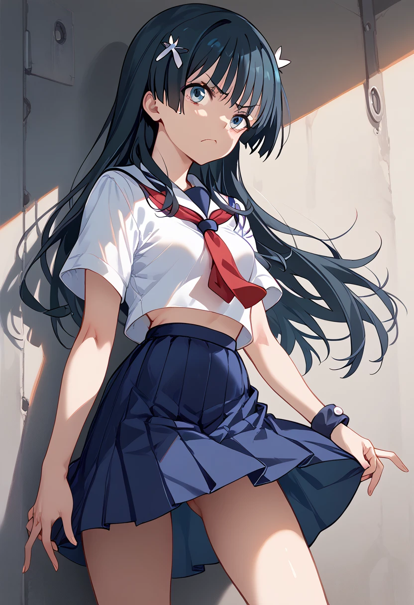 masterpiece,High resolution,Highest quality,8k
(Saten Ruiko)(14-year-old female,Long Black Hair,Small breasts,Slim body,Hairpin)
(White Sailor Suit,Red tie,Blue Skirt)Annoyed face,Standing with your legs apart,wrist set,Spread your legs