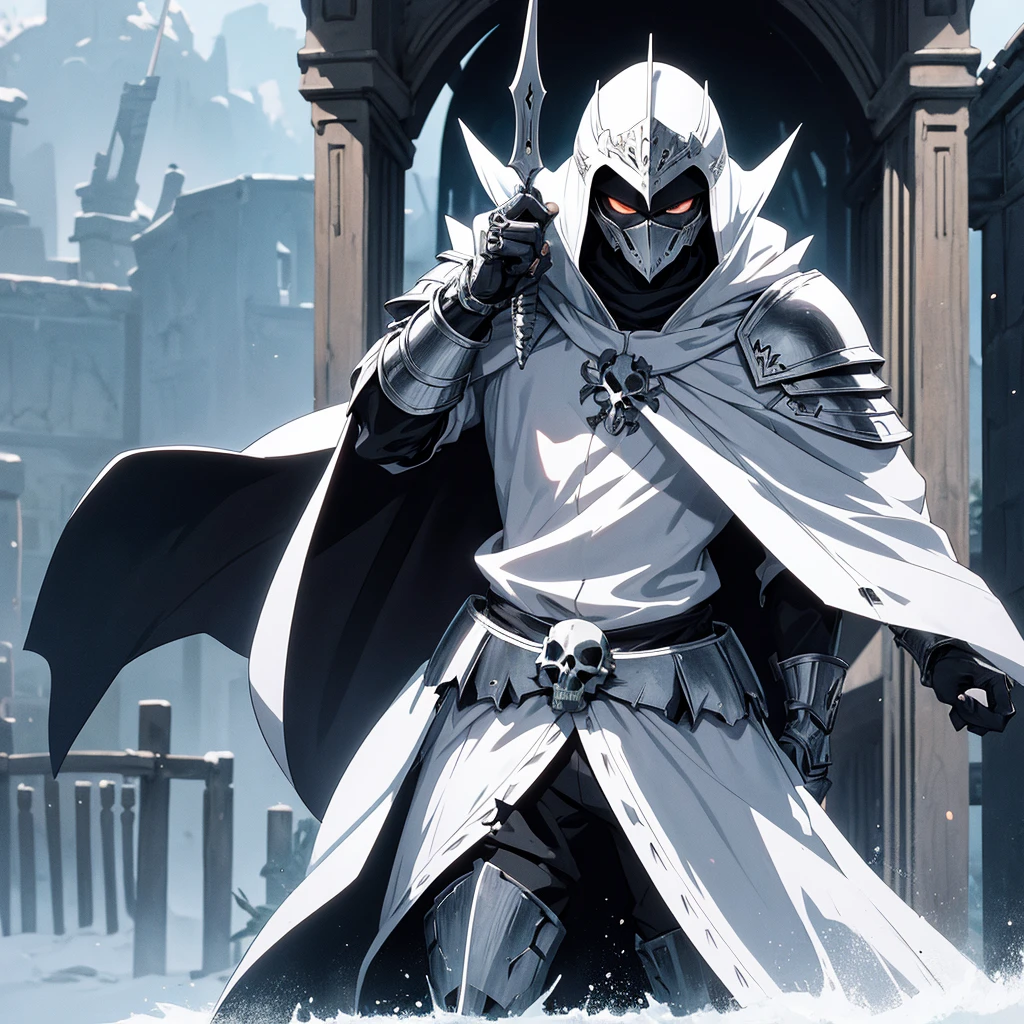 anime style, knight standing near the gate, his armor is white, and the cloak is also white. The face is covered with a skull-shaped helmet