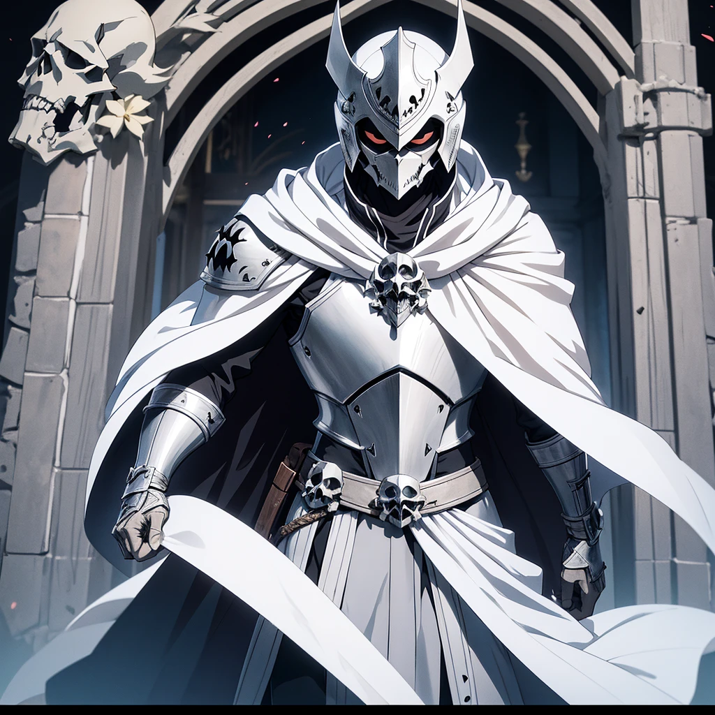 anime style, knight standing near the gate, his armor is white, and the cloak is also white. The face is covered with a skull-shaped helmet