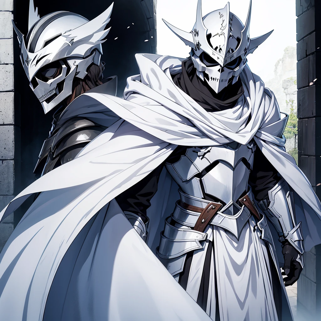 anime style, knight standing near the gate, his armor is white, and the cloak is also white. The face is covered with a skull-shaped helmet 