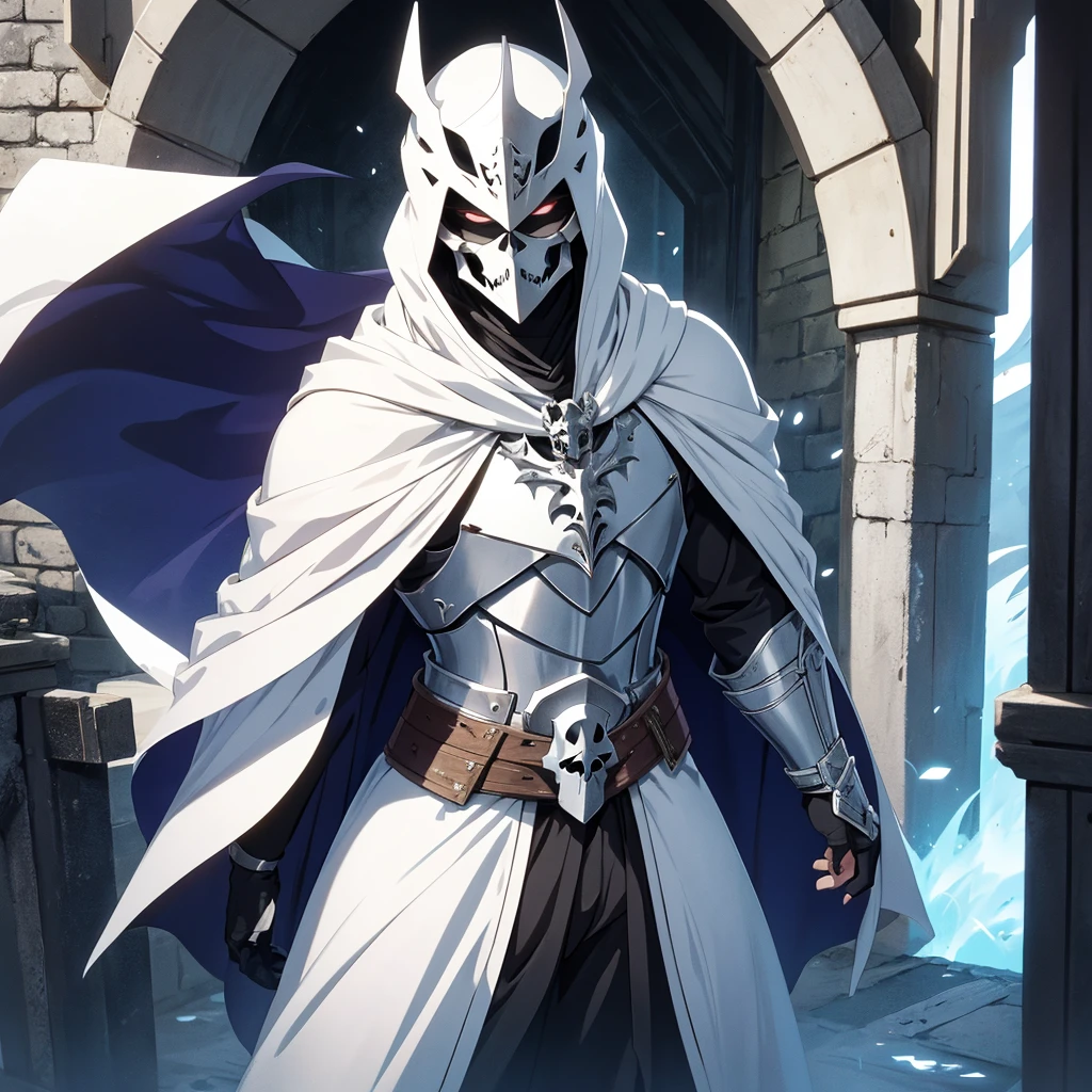 anime style, knight standing near the gate, his armor is white, and the cloak is also white. The face is covered with a skull-shaped helmet