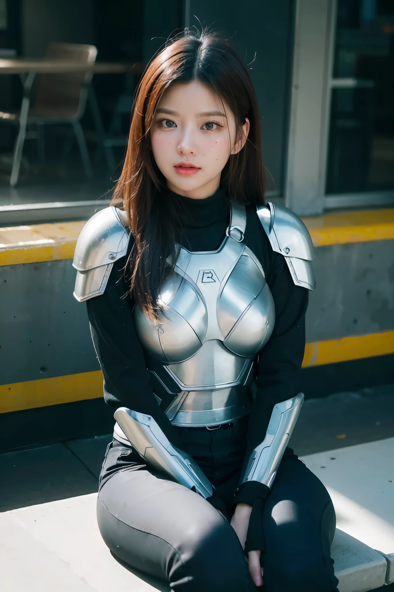 1girl , Armor Warriors, Bustling City, (inspired by the Avengers), Armor Suits, Seated, (8k, foto RAW, photorrealistic: 1, 25), (lots of lip gloss, lots of eyelashes, best qualityer, ultra high resolution, Depth of field, Chromatic aberration, broad light, natural color, distant images (1:2)