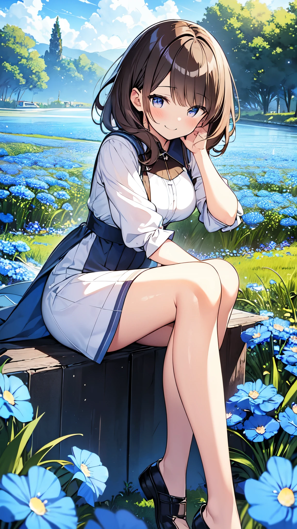 Highest quality, masterpiece, Ultra-high resolution, 8k,,Spring Sky,((Spring Outfits)),Show anime style , One, Soft Line Art, Digital Enhancement, shojo anime touch, shojo manga core, Flowing fabric, close, Soft Drawing, Ultra-Definition Digital Anime Art, Clear facial depiction, Super detailed girl cartoon character art, Ultra-detailed manga style, Highest qualityの色,
 (Short brown hair), Wet Hair,Staring at us from the front,Beautiful brown hair, Clear brown eyes, Slightly chubby,Small breasts,The butt is small,(((Teasing Smile))),Hands,(((I am impressed by the nemophila flower fields.))),I can see the sky and the sea,Angle that allows you to see all the way to your feet