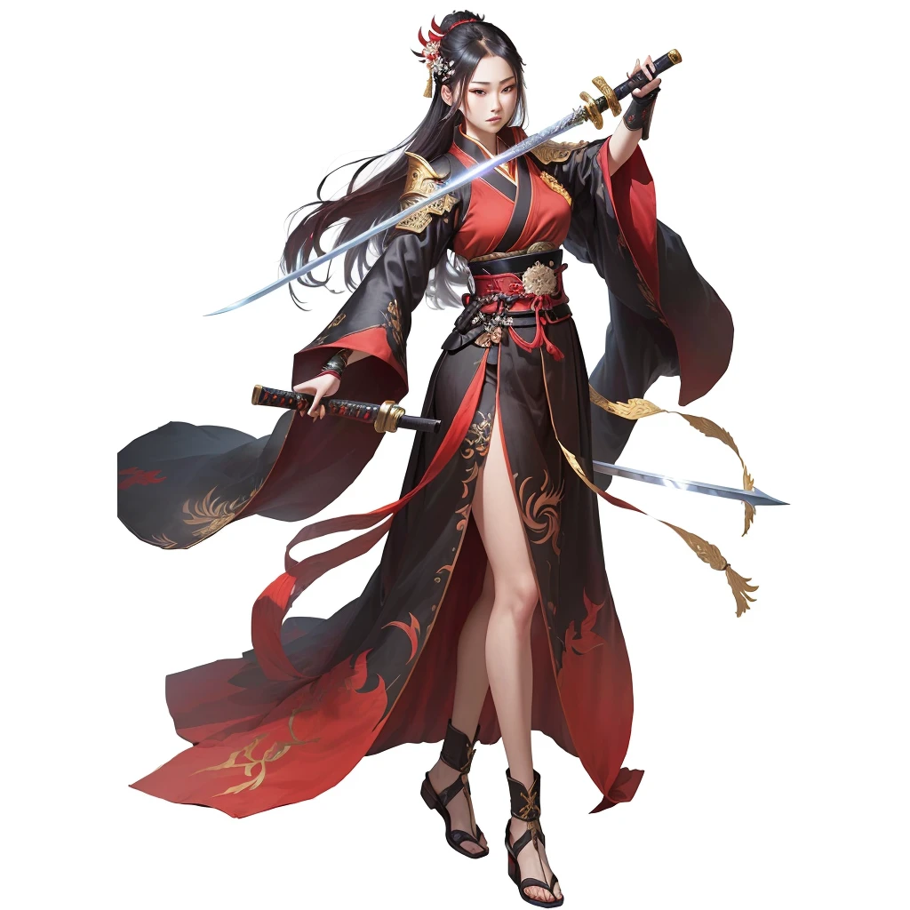 A woman in red holding a sword,There are bird elements on the clothing,There is a phoenix on the clothes,Dressed in red, Full body fairy, Full body martial arts, Onmyoji detailed art, she is holding a Samurai sword sword, Inspired by Ju Lian, heise jinyao, Inspired by Du Qiong, Samurai sword zero video game character, Samurai sword, xianxia hero