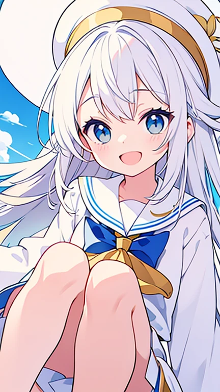 The whole body from head to foot、No pause、Smiling and open mouth、White hat with gold decoration、Long white hair、Sailor&#39;White uniform