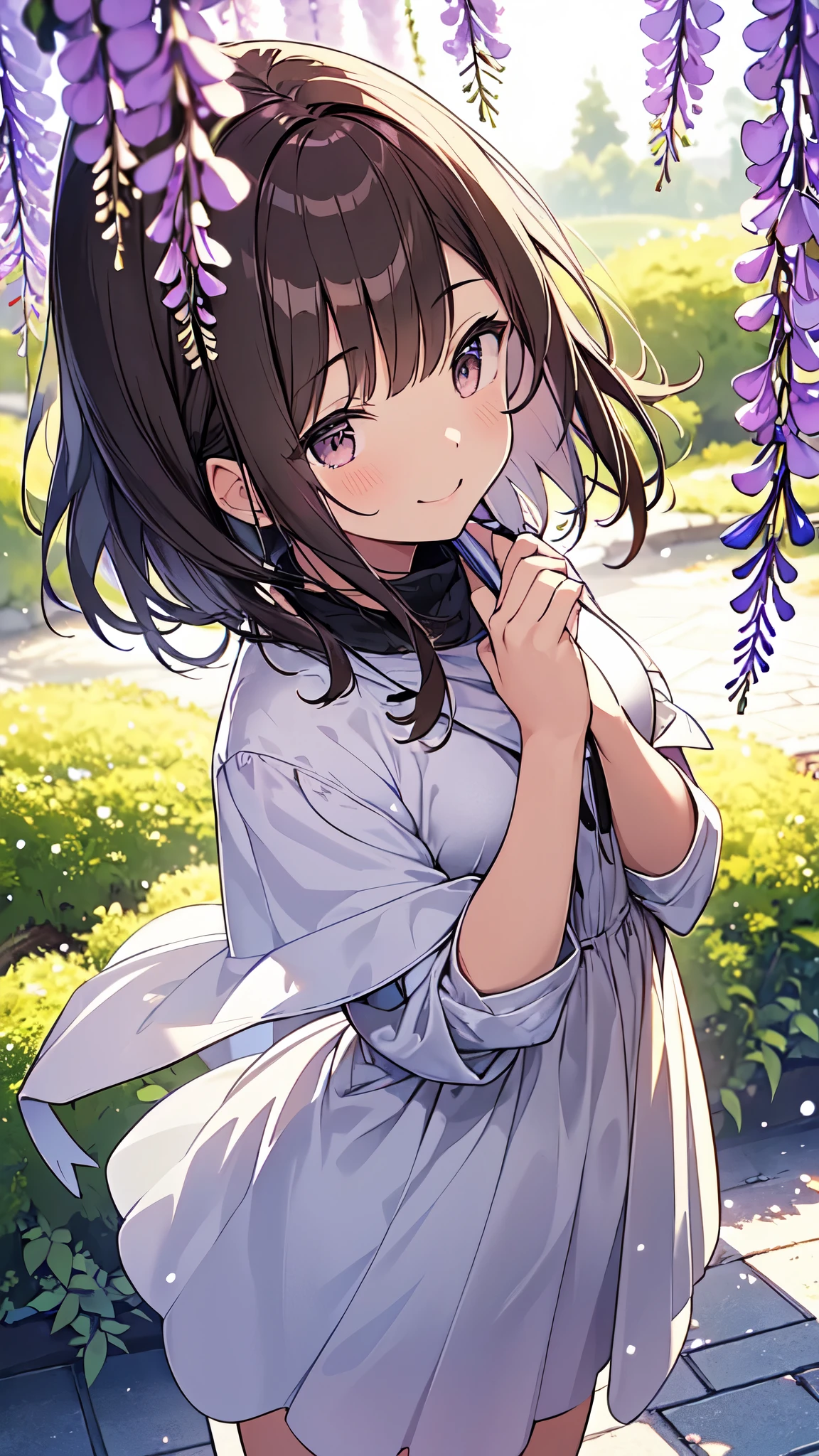 Highest quality, masterpiece, Ultra-high resolution, 8k,,Spring Sky,((Winter clothing)),Show anime style , One, Soft Line Art, Digital Enhancement, shojo anime touch, shojo manga core, Flowing fabric, close, Soft Drawing, Ultra-Definition Digital Anime Art, Clear facial depiction, Super detailed girl cartoon character art, Ultra-detailed manga style, Highest qualityの色,
(Short brown hair), Wet Hair,Staring at us from the front,Beautiful brown hair, Clear brown eyes, Slightly chubby,Small breasts,The butt is small,(((Teasing Smile))),Hands,Landscape with nature,Ashikaga Flower Park,((Looking up at wisteria flowers)),Angle that allows you to see all the way to your feet