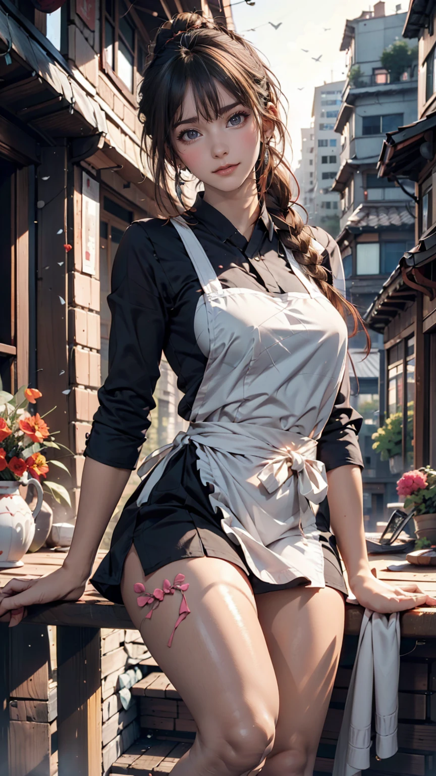 One girl,feet,a girl at building,(((building))), Braided bangs,Braided Ponytail,(alone:1.2),apron,Thick thighs,Side tie panties, Black Hair, 16 years,View your viewers, sunlight,Hanfu, 、Sexy proportions