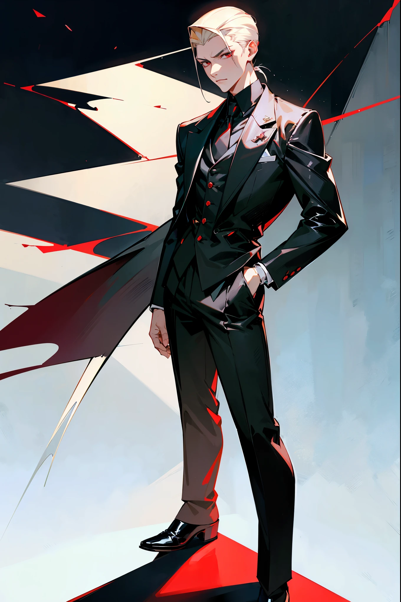 Masterpiece, 8k, a young man with slicked-back platinum blonde hair and red eyes, clad in a sleek black suit with red accents, and polished black shoes. The backdrop is a modern rooftop garden with city lights twinkling in the background. Standing on path. close up shot of face, detailed face