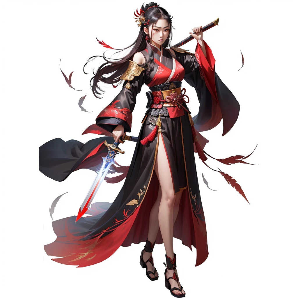 A woman in red holding a sword，There are bird elements on the clothing，There is a phoenix on the clothes，Dressed in red, Full body fairy, Full body martial arts, Onmyoji detailed art, she is holding a Samurai sword sword, Inspired by Ju Lian, heise jinyao, Inspired by Du Qiong, Samurai sword zero video game character, Samurai sword, xianxia hero