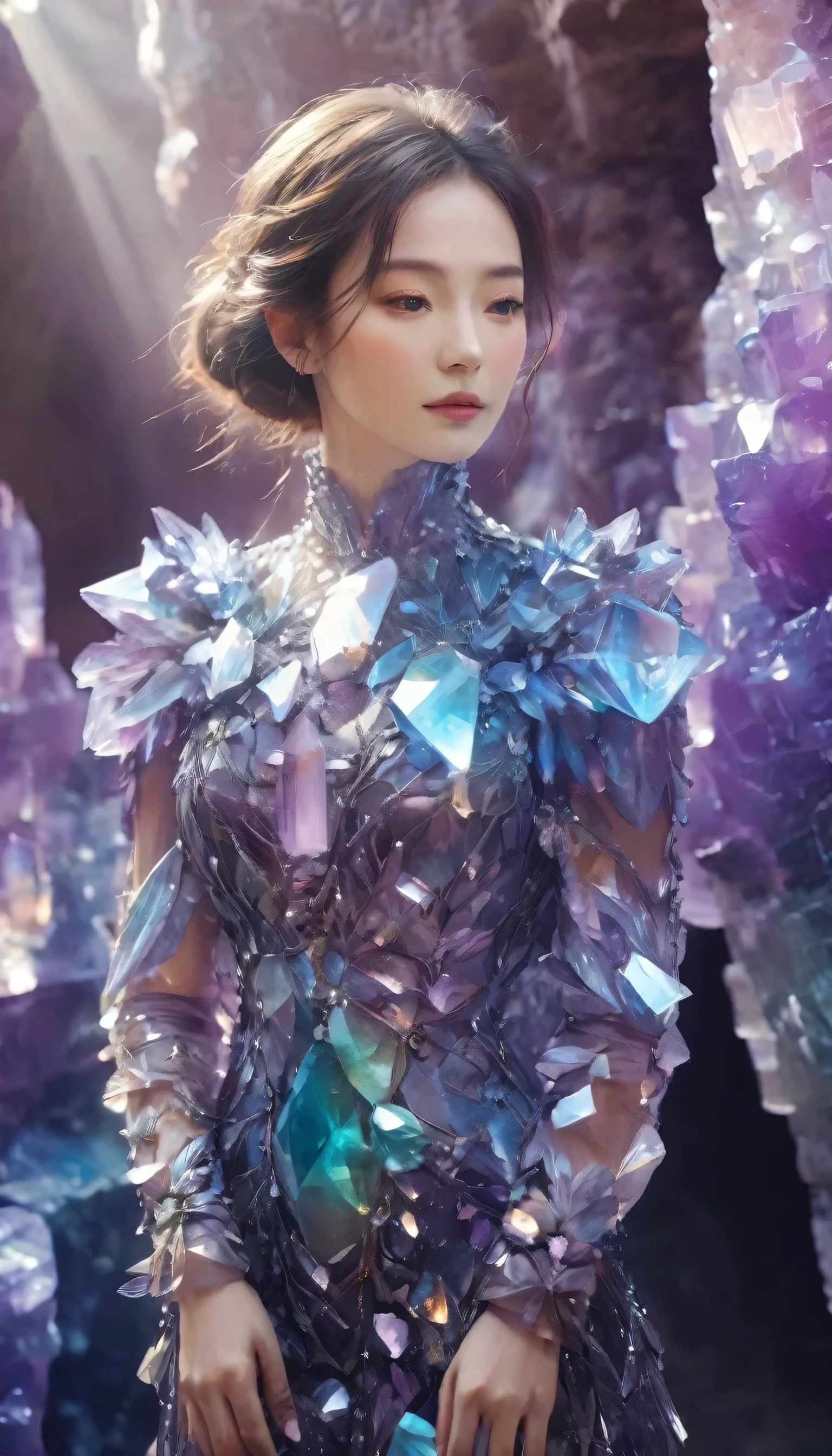 A beautiful woman，Half-length photo，Wearing clothes made of crystal，Surround yourself with magical cave walls made of mineral crystals，covered with precious crystals, Crystal Cluster，underground, exploration, Stibnite crystals，Glowing crystal, fluorite crystal,Related mineral crystals , Mysterious atmosphere, Shiny crystal, Natural Crystal, sparkling reflections, underground湖, Hidden treasure, mineral structure，(Best quality，Extremely detailed，Best Illustration Award，The best shadow，masterpiece，high resolution，），Surrealism，(Multiple Exposure:1.5)
