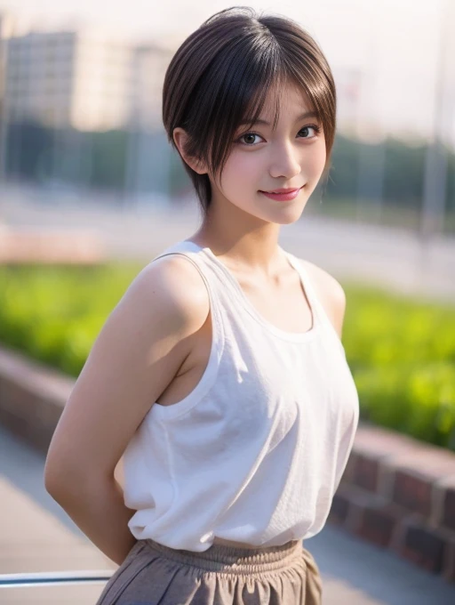 20 year old Japanese beauty，Slim and cute、Bulge of lateral breasts、Slit eyes、I can see from head to toe，Bust is very very very big、A full-body image showing the breasts、The background is the gymnasium、High quality photos、clear, Clear image of the lower body、Masterpiece 8k、Smiling