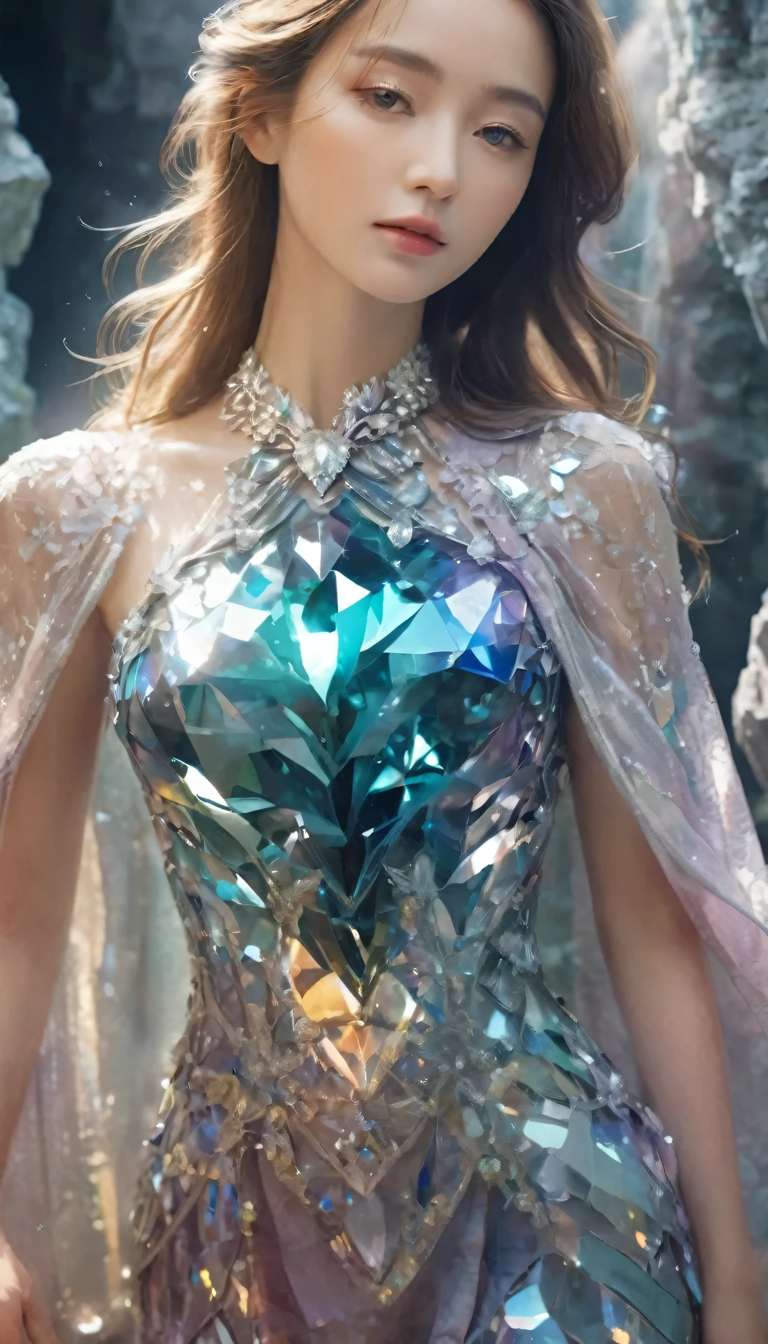 A beautiful woman，Half-length photo，Wearing clothes made of crystal，Surround yourself with magical cave walls made of mineral crystals，covered with precious crystals, Crystal Cluster，underground, exploration, Stibnite crystals，Glowing crystal, fluorite crystal,Related mineral crystals , Mysterious atmosphere, Shiny crystal, Natural Crystal, sparkling reflections, underground湖, Hidden treasure, mineral structure，(Best quality，Extremely detailed，Best Illustration Award，The best shadow，masterpiece，high resolution，），Surrealism，(Multiple Exposure:1.5)