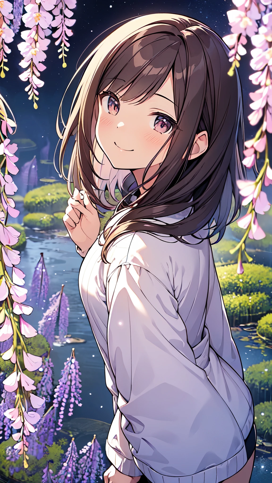 Highest quality, masterpiece, Ultra-high resolution, 8k,,Spring Sky,((Winter clothing)),Show anime style , One, Soft Line Art, Digital Enhancement, shojo anime touch, shojo manga core, Flowing fabric, close, Soft Drawing, Ultra-Definition Digital Anime Art, Clear facial depiction, Super detailed girl cartoon character art, Ultra-detailed manga style, Highest qualityの色,
 (Short brown hair), Wet Hair,Staring at us from the front,Beautiful brown hair, Clear brown eyes, Slightly chubby,Small breasts,The butt is small,(((Teasing Smile))),Hands,Landscape with nature,Ashikaga Flower Park,((Looking up at wisteria flowers)),Angle that allows you to see all the way to your feet
