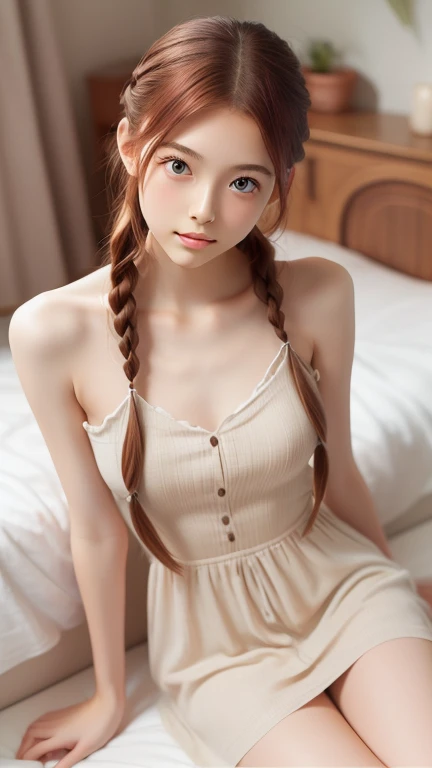 (masterpiece, Highest quality:1.2), One girl, alone,bony body、15 years old、Young Scandinavian woman, Cute Face, Fascinating, Highest quality, masterpiece, Translucent summer dress, Golden Hour, Detailed Texture, Long braided hair, Sitting on the bed, Pause, カジュアルなPause, Wooden cottage, interior, [blush], beautiful, Complex, Caustics, light, sunlight, (((Soft lips))), (((Glossy Lips))), Very detailed, (Semi-realistic:1.2), Niroudef, Redhead